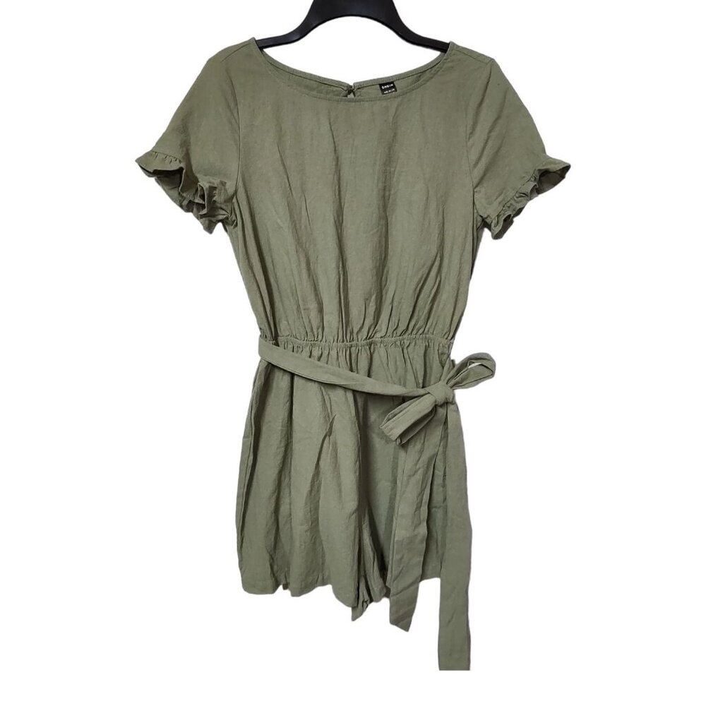 Shein Womens Green Ruffled Short Sleeve Romper Tie Waist Keyhole Back Size 4